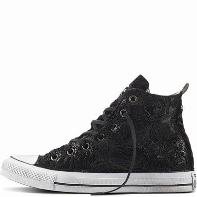 Converse Chuck Taylor All Star Black Lace & Velvet High Tops Womens - Black/White/Black Shoes (457ZTJWB)